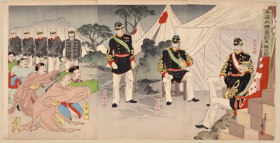 Generals of the Chinese army surrendering to Japanese commanders, October 1894 colour woodblock print by Migita Toshihide